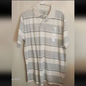 M57 Merona Ultimate Classic Fit No Roll Collar Cream Gray Striped Polo Shirt NWT
